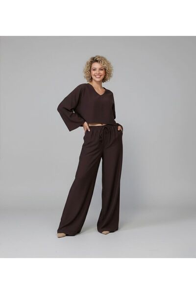 Meşe Moda V-Neck Blouse & Wide-Leg Pants Women's Top and Bottom Set – Loose Fit