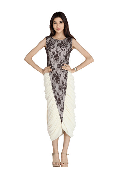 TREN Women's Draped Ruffle Skirt Evening Gown with Floral Lace Top for Weddin...