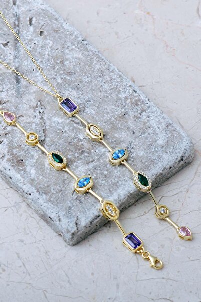 Sümer Telkari Geometrik Renkli Taşlı 925 Ayar Gümüş Kolye Bileklik İkili Set ...