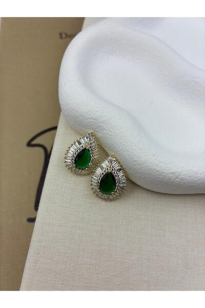 Hedef Bijuteri Gold Color Drop Model Silver Green Zircon Stone Earrings