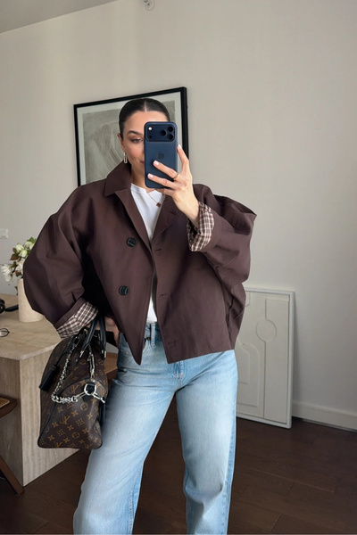 SHILSEE BEUTİQUE Women's Oversize Short Trench Coat Dark Brown