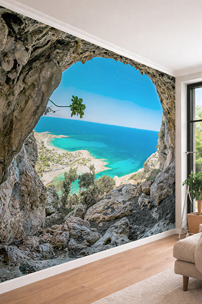 dreamwall 3D Mağara İçinden Deniz Plaj Manzaralı Tek Parça Tekstil Duvar Kağıdı