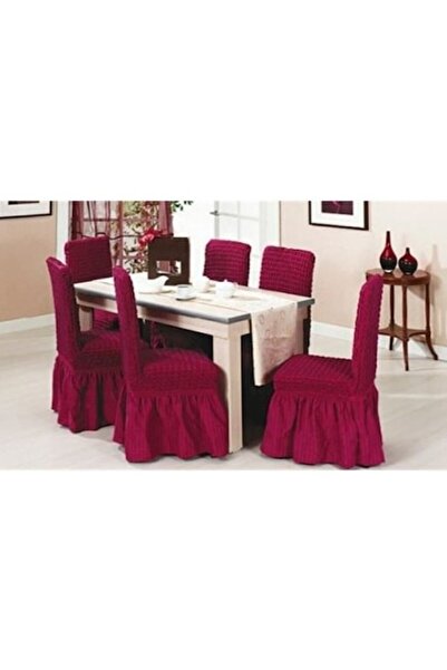 OEM Set of 6 Elastic Chair Covers with Ruffles, Burgundy