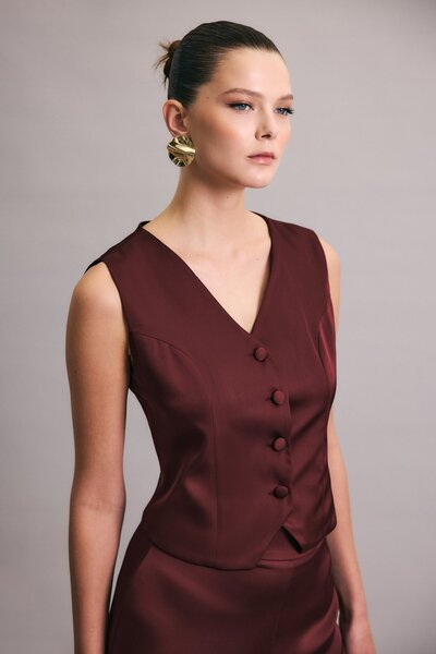 Sateen Classic Plain Vest - Burgundy