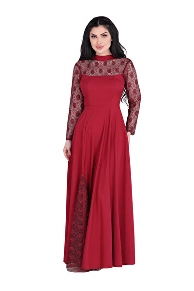 TREN Wine Red Floral Mesh Detail Maxi Gown Women Long Evening Dress Elegant P...