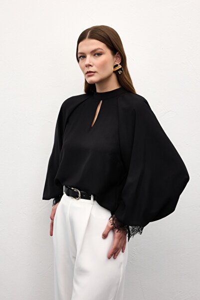 Sateen Lace Detailed Long Sleeve Blouse - Black