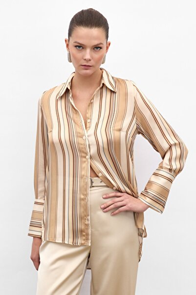 Sateen Colorful Striped Shirt - Camel