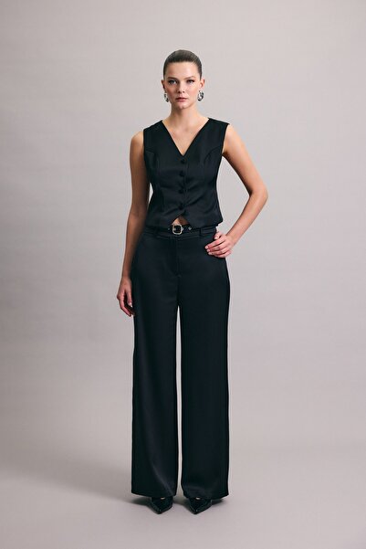 Sateen Satin Trousers with Belt Detail - Black