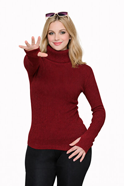 MODASPARK Burgundy Turtleneck Premium Savior Body Sweater with Finger Detail
