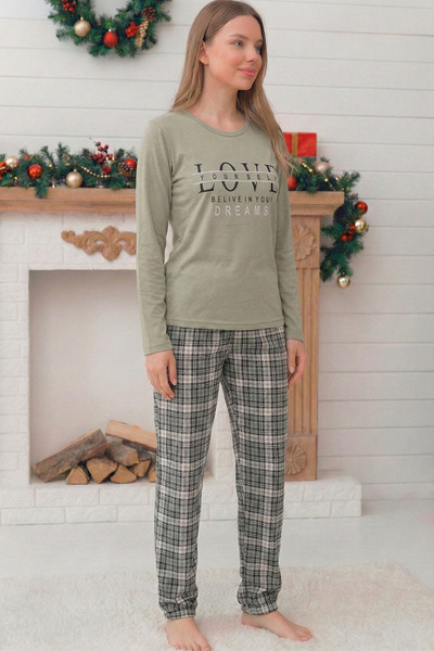 Niket Life Women's Love Slogan Six Plaid Patterned Crew Neck Long Sleeve Six ...