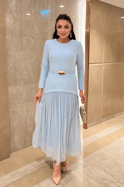 giyimmasalı Üst Atlas Alt Chiffon Fabric Dress - Baby Blue