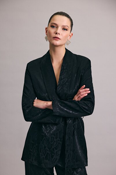 Sateen Snake Patterned Long Jacket - Black