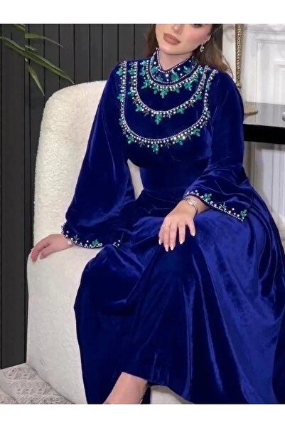 Noon Noora Velvet Zipper Green Teardrop Rhinestone Jalabiya Dress