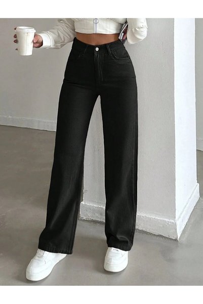 KENE JEANS High-Waist Black Linen Wide-Leg Full-Cut Trousers