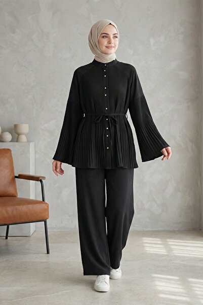 Kirazgym Women's Pleated Detailed High Collar Buttoned Hijab Stylish Set - Black