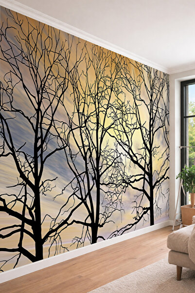 dreamwall Gün Batımı Gökyüzü ve Ağaç Silüetleri Doğa Temalı Tekstil Duvar Kağıdı
