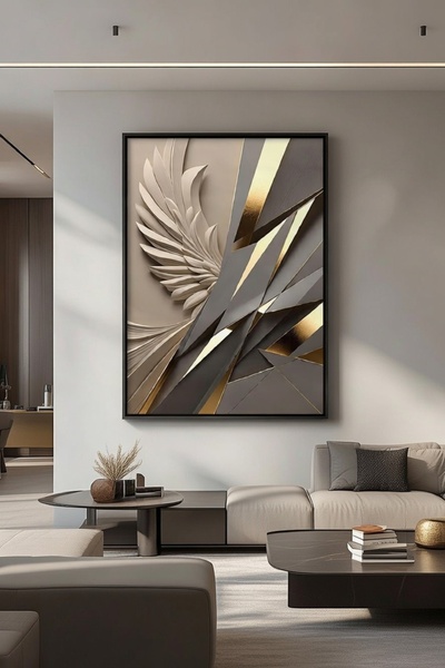 hollywest Lüks Gri & Altın Kanat Figürlü Duvar Sanatı | Modern Çerçeveli Tablo