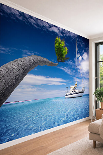 dreamwall Tropikal Deniz ve Yelkenli Manzaralı Tek Parça Tekstil Duvar Kağıdı