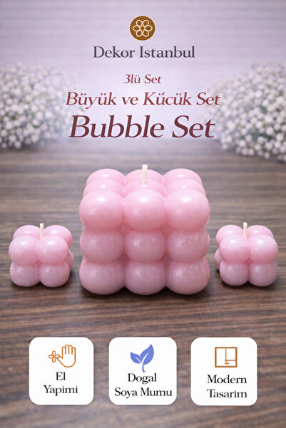 Dekor İstanbul Bubble Mum 3’lü Set Pembe | El Yapımı Doğal Soya Mumu | Dekora...