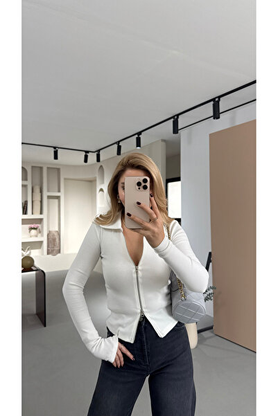 Sezgi Tekin Polo Collar Double Zipper Ecru Blouse