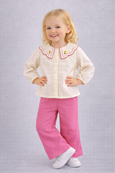 dinamik çocuk Kız Bebek/Çocuk Papatya Nakışlı Fırfırlı Yakalı Gömlek ve İspan...