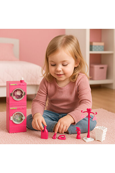 LEAN Doll Laundry Set with Washing Machine, Dryer, Hanger and Basket, Pink