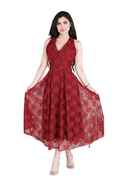 TREN فستان سهرة نسائي متوسط ​​الطول بياقة هالتر وظهر متقاطع، مزين بالدانتيل ا...