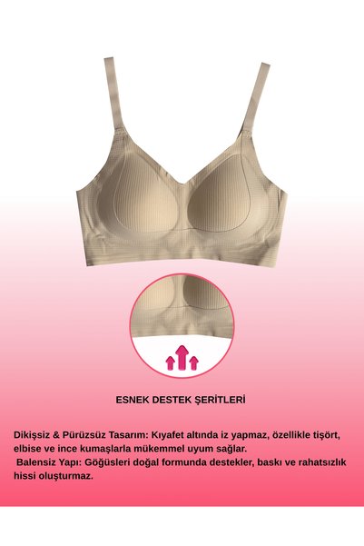 ALYA UNDERWEAR Women's Corduroy # Izbırakmaz Seamless Invisible Bra with Removable Cups Laser Cut Bra in Stone Color - 9688