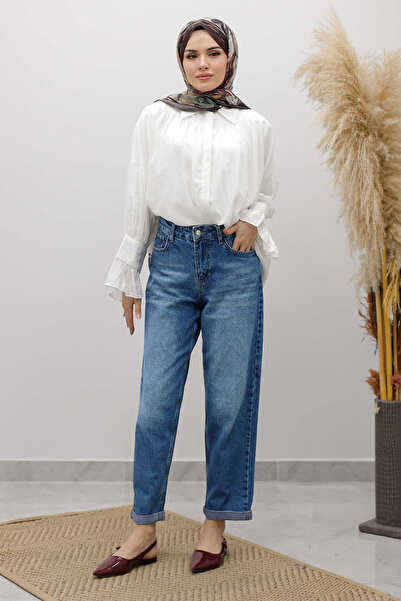 Tesettür Dünyası Pantaloni Mom Jean TSD260123 Albastru