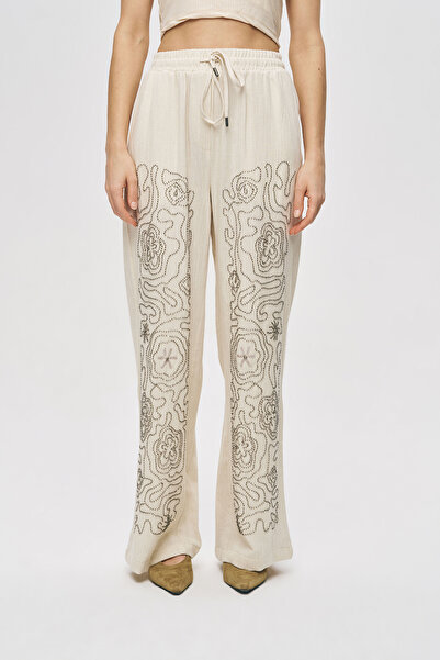 Orfeo Negro Γυναικείο έθνικ παντελόνι με κέντημα από βισκόζη και λινό με φαρδ...