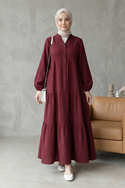 Kirazgym فستان نسائي من قماش الموسلين ذو ياقة واسعة وأكمام نصفية بأزرار وجزء ...