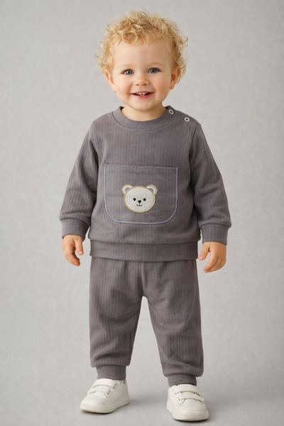 dinamik çocuk Erkek Bebek/Çocuk Ayıcık Nakışlı Ribanalı 2'li Takım Sweatshirt...