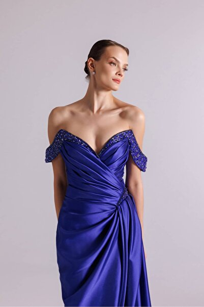 Kenzel Stone Embellished Satin Evening Dress – Off-Shoulder Dress