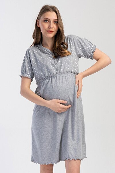 VİENETTA Women's Short Sleeve Buttoned Gray Maternity Nightgown C7T7N2304