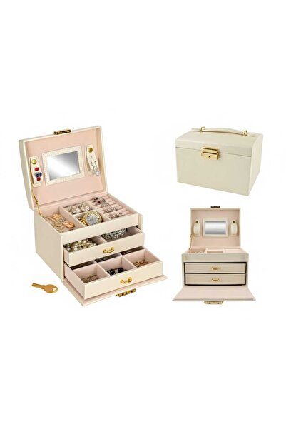 VİBE Premium Jewelry Box - Elegant Organizer with 3 Tiers, Mirror and Key Lock