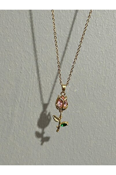 SEO JEWELRY Special Pink Rose Figured Steel Necklace for Valentine's Day