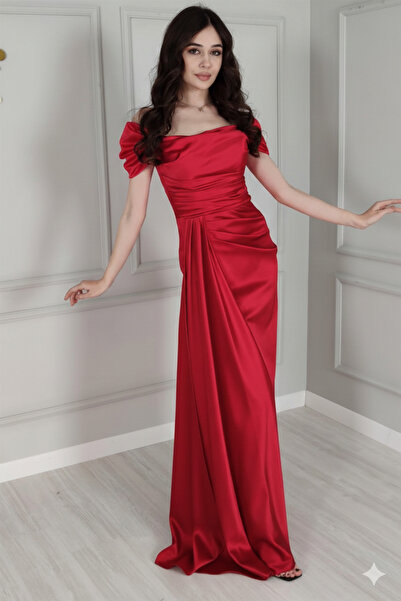 renk abiye Red Draped Detailed Satin Fabric Evening Dress