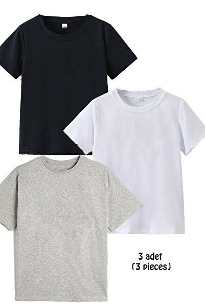 aytok tekstil Pachet de 3 tricouri școlare pentru elevi, fără imprimeu, alb-n...