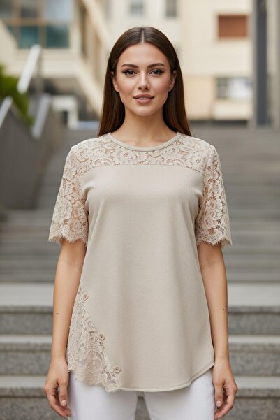 Mossta Asymmetrical Cut Button Detailed Waffle Blouse - Beige
