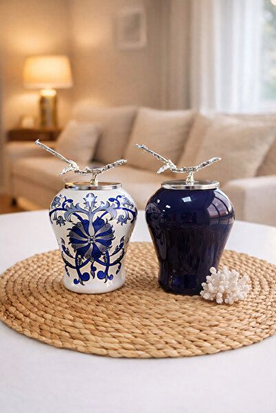 ferayhome Dekoratif Obje 2 li Şah Küp Mavi Çiçekli Lacivert Şah Dal Zamak GÜM...