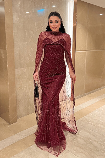 giyimmasalı Full Boncuklu Kumaş Pelerin Detaylı Abiye Elbise - BORDO