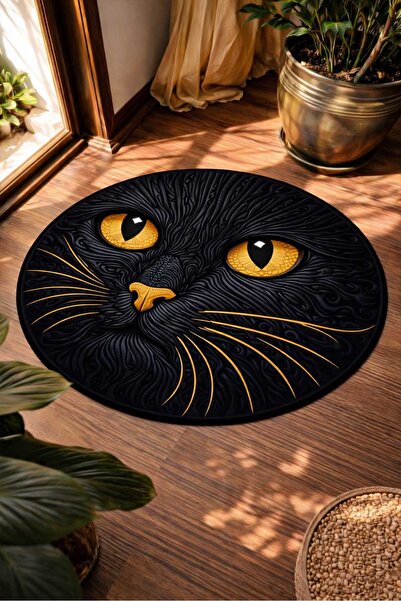 Qatalina Siyah Kedi Desenli Yuvarlak Halı | Kaymaz Taban | Antre Salon Modern...