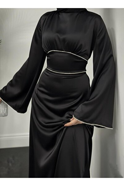 noyacollection Kol ve Beli İnci Taş Detaylı Volan Kol Saten Tesettür Abiye