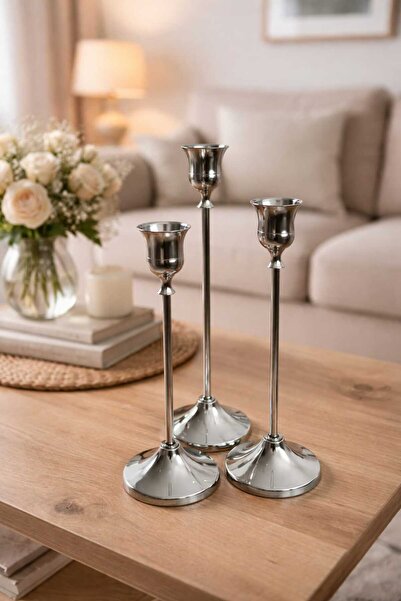 İlknur Home life 3 lü Metal Şık Şamdanlık Gümüş