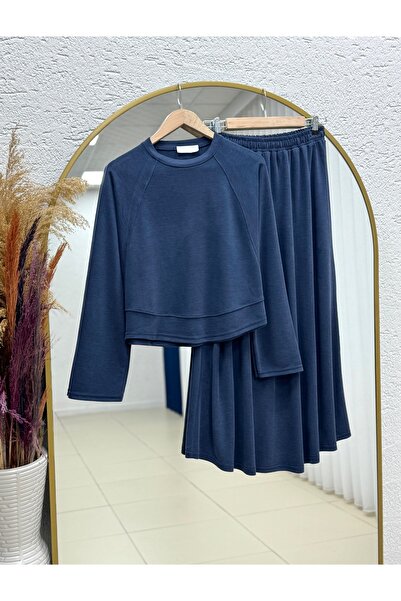 MİHRA STORE Darinka Front Gazi Stitched Pique Skirt Set-Nl673 Navy Blue