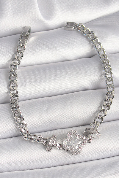 Skygo Brass Silver Color Zircon Stone Clover Figure Chain Model Women's Brace...