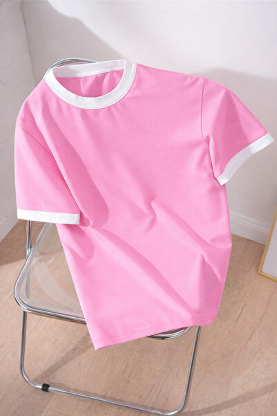 Revasser Unisex Erkek/Kadın Lacivert Beyaz Yaka Düz Oversize Pamuklu T-Shirt ...