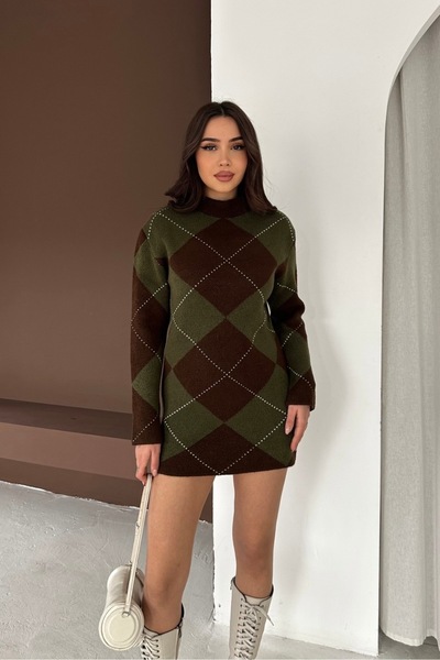 Noi Belis Plaid Patterned Mini Length High Neck Knitwear Dress Aw25El0030