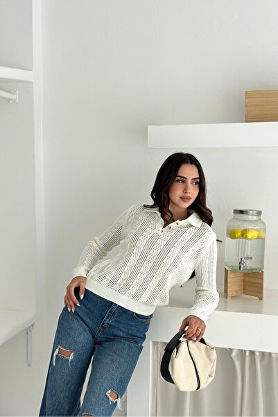 Noi Belis Polo Collar Perforated Half Placket Buttoned Knitwear Blouse Aw25Bz...