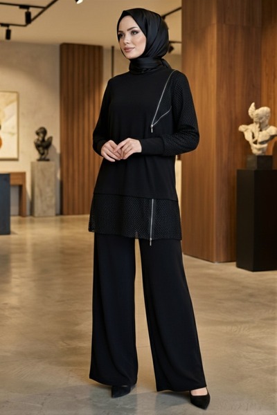 MR.MODAMİRA Kadın Siyah Sandy File ve Fermuar Detaylı Tesettür Pantolonlu Takım